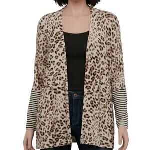 Maurices Animal Print Cardigan Womens Large Striped Sleeves Tan Leopard Topper
